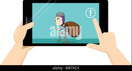 Man touch alert button when thief has been detect by cctv at his home Stock Vector