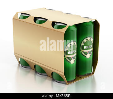 Metal beer cans in a 6 pack package. 3D illustration. Stock Photo