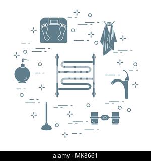 Bathroom elements:  scales, towel warmer, faucet, plunger, glasses, soap dispenser, towels. Design for poster or print. Stock Vector