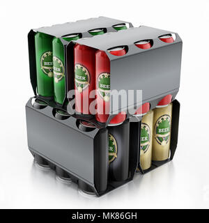 Metal beer cans in a 6 pack package. 3D illustration. Stock Photo