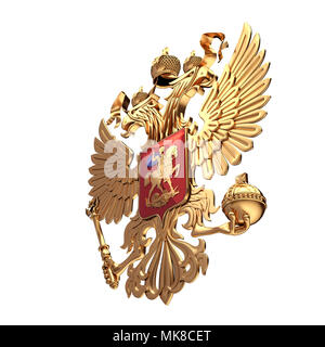 Coat of arms of Russia with two-headed eagle. Golden symbol of Russian Federation. Perspective view. 3D render Illustration isolated on a white backgr Stock Photo