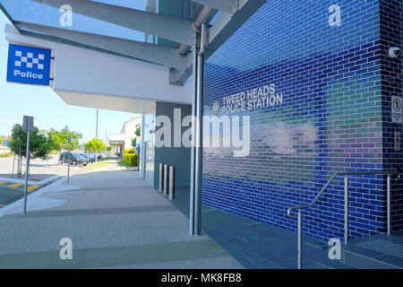 front of new Tweed Heads Police Station including sign on tiled wall Stock Photo