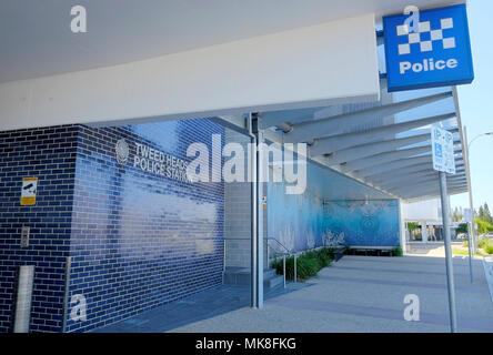 front of new Tweed Heads Police Station including sign on tiled wall Stock Photo