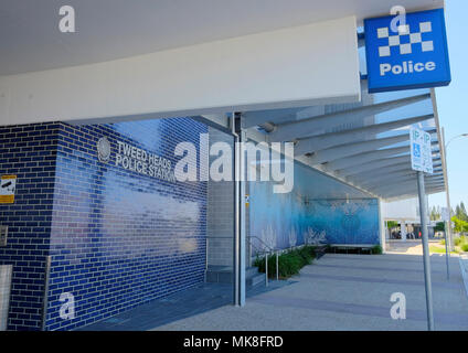 front of new Tweed Heads Police Station including sign on tiled wall Stock Photo