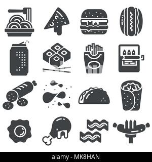 Vector black fast food icon set on white background Stock Vector