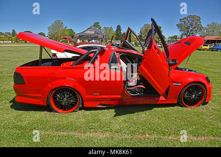 holden ss ute wth gullwing doors, in red, heavily customized at 'glen on wheels' car festival in glen innes in new south wales, australia, 2016 Stock Photo
