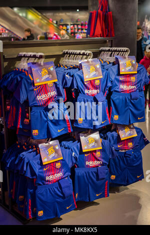 BARCELONA, SPAIN - 12 JANUARY 2018: Official Store FC Barcelona , clothing  and footwear team of souvenirs and paraphernalia for fans of the team and v  Stock Photo - Alamy