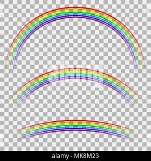 Curved Colorful Rainbow on Checkered Background. Transparent Weather Icon. Spectrum Colored Pattern Stock Vector