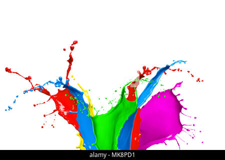 Colorful paint splash isolated on white background. Abstract colored splashing. Multicolor paint splatter. Stock Photo