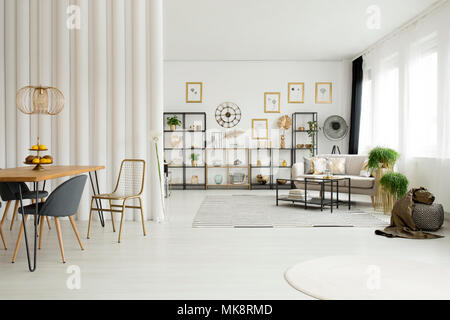 Open space apartment interior with gold decorations and plants in living and dining room Stock Photo