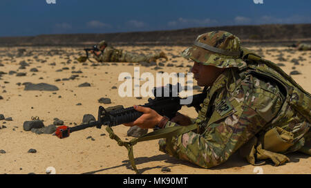 U.S. service members assigned to the Combined Joint Task Force - Horn of Africa keep watch as their platoon set ups an objective rally point on the first day of a French Desert Commando Course at the Djibouti Range Complex near Arta, Djibouti, Nov. 26, 2017. The 12-day course will expose service members to the fundamentals of desert combat, survival, and troop movements while also bridging language and cultural barriers between the French and American troops. (U.S. Air Force photo by Staff Sgt. Timothy Moore) Stock Photo