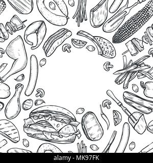 Hand drawn Grilled vegetables top view frame, vegetarian cuisine. Grill menu design template. Vector illustration. Engraved design. illustration. Food Stock Vector