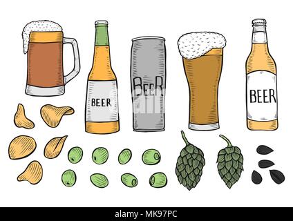 vector set of colored beer bottles and glass, hops, olives, chips Vector illustration isolated on white Stock Vector