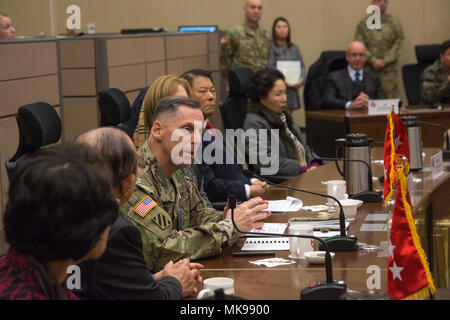 U.S. Army Lt. Gen. Thomas Vandal, commanding general of 8th Army, briefs  Republic of Korea Former Deputy Commanders on the strength of US defenses at Camp Humphreys in Korea, Nov. 21, 2017. Vandal met with dignitaries to discuss the war fighting capabilities and demonstrates the continued commitment and abilities between the ROK-US alliance.  (U.S. Army photo by Pfc. Isaih Vega) Stock Photo