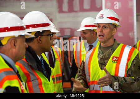 U.S. Lt. Gen. Vandal, 8th Army commanding general, briefs the hospital's construction progress to Congressmen, Mike Coffman and Anthony Brown, at Camp Humphrey in South Korea, Nov. 24, 2017. Lt. Gen. Vandal invited Congressmen to show the status of United States of America Garrison Humphreys transition, 8th Army mission, and service members' welfare. (U.S. Army photo by Pfc. Isaih Vega) Stock Photo