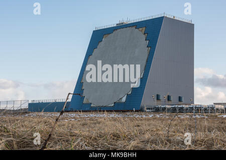 The COBRA DANE radar is a single faced ground-based, L-band phased-array radar  located at Eareckson Air Station, Shemya, Alaska. The primary mission of COBRA DANE is to collect radar metric and signature data on foreign ballistic missile events. Additional missions include collecting space surveillance data on new foreign launches and satellites in low-earth orbit. The radar has a 95-foot diameter phased array and the capability to track and record data on as many as 120 objects simultaneously. Stock Photo