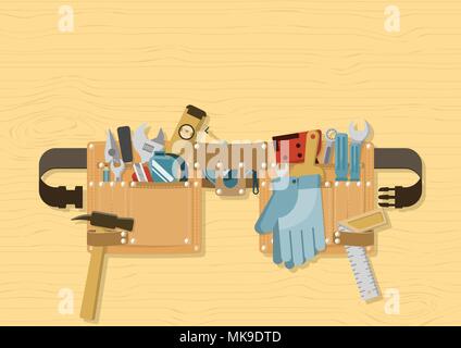 Tools in tool belt with side release buckle strap on wood background, for construction, repair and DIY concept Stock Vector