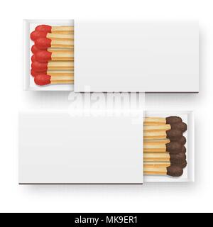 Vector 3d realistic opened blank box of matches icon set, closeup isolated on white background, top view, red and brown heads. Design template, clipart for graphics Stock Vector