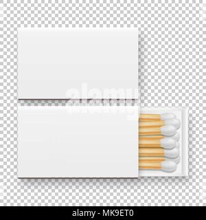 Vector 3d realistic closed and opened blank box of matches icon set, closeup isolated on transparency grid background, top view, white heads. Design template, clipart for graphics Stock Vector