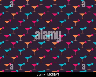 Martini glasses seamless pattern. Multi-colored objects on a dark background. Vector illustration Stock Vector