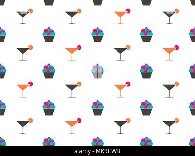 Martini and cake seamless pattern. Cream in the basket. Cocktail. Vector illustration Stock Vector