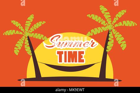 Hammock between palm trees on a sunset background. Summer time, beach vacation, miami. Vector illustration Stock Vector
