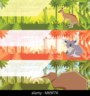 Vector image of the Set of flat banners with australian animals kangaroo, koala and qiwi Stock Vector