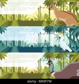 Vector image of the Set of flat banners with australian animals kangaroo, zockatoo and emu Stock Vector