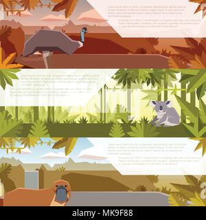 Vector image of the Set of flat banners with australian animals emu, koala and platypus Stock Vector