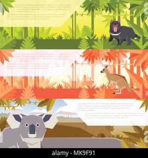 Vector image of the Set of flat banners with australian animals tasmanian devil, koala and kangaroo Stock Vector