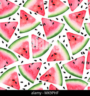 seamless watercolor pattern with juicy red pink watermelon and seeds on white background . for wallpaper, fruit shop, website, banner, invitation card Stock Photo