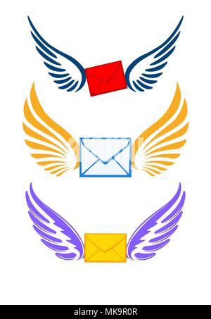 Three pairs colorful of wings with envelopes for your logo or design. Stock Vector