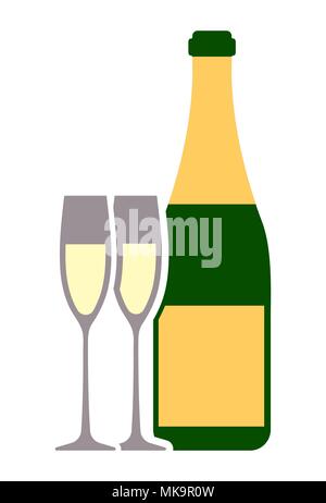 Bottle of champagne wine and pair of glasses colorful flat icon for your design. Stock Vector
