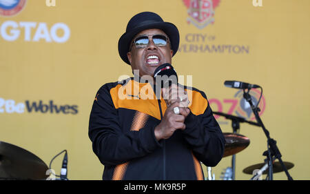 Tito Jackson performs on stage during the winner's parade through Wolverhampton. Stock Photo