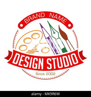Abstract colorful stylish round design studio illustration with brush, pen, pencil and palette for logo or other use in very bright colors. Stock Vector