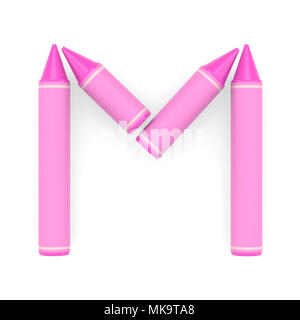 Pink wax crayon capital letter M on white background, 3D rendered font image for education and childish typography Stock Photo