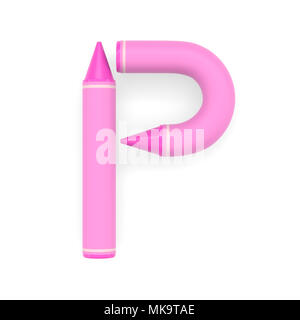 Pink wax crayon capital letter P on white background, 3D rendered font image for education and childish typography Stock Photo