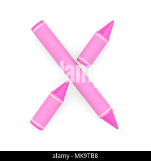 Pink wax crayon capital letter X on white background, 3D rendered font image for education and childish typography Stock Photo