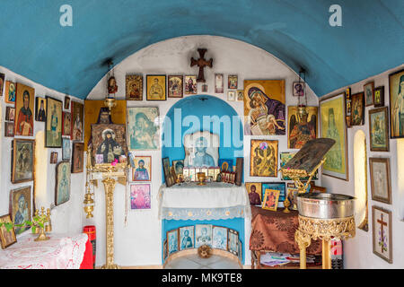 Interior of a small greek orthodox chapel by the sea near Chania in Crete, Greece Stock Photo