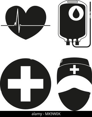 Black and white blood donation silhouette icon set. Healthy heart cardiogram, blood bag, medical person avatar and first aid kit. Healthcare vector il Stock Vector
