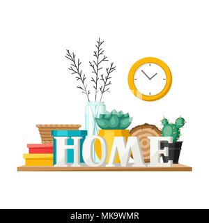 Shelf with home decor. Vase, picture and plant. Stock Vector