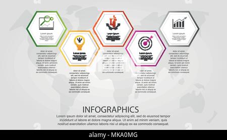 Timeline modern vector illustration 3D. Infographic template with five hexagon elements. Designed for business, presentations, web design, diagrams wi Stock Vector