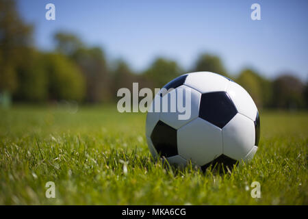 A black and white football on grass Stock Photo