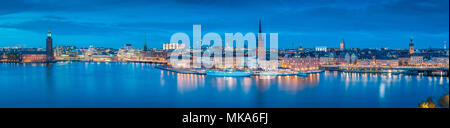 Panoramic view of famous Stockholm city center with historic Riddarholmen in Gamla Stan old town  and Stockholms Stadshuset district at dusk, Sodermal Stock Photo