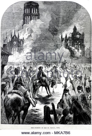 The burning of Original Old St. Paul's Cathedral in the Great Fire of London of  1666, antique illustration from 1880