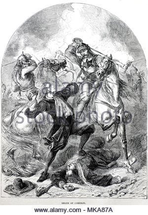 Death of Richard Cameron of Huddersfield,1648 – 1680, who was a leader of the Covenanters who resisted attempts by the Stuart monarchs to control the affairs of the Church of Scotland, a battle on 22nd July 1680 at Airds Moss Ayrshire between Cameron and his Hill Men, with government dragoons commanded by Andrew Bruce of Earlshall, also known as Bluidy Bruce, vintage illustration from circa 1880 Stock Photo