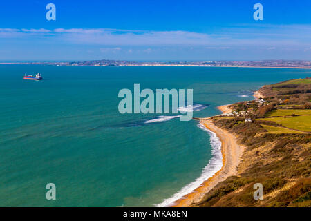 Looking west across Ringstead Bay towards Weymouth from White Nothe Point on the Jurassic Coast Path, Dorset, England, UK Stock Photo
