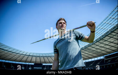 07 May 2018, Germany, Berlin: Javelin throw Olympic champion Thomas Roehler standing during training in the Olympic stadium. The surface's skid resistance was tested during a test training ahead of the European Championships between 07 and 12 August 2018. Photo: Michael Kappeler/dpa Stock Photo