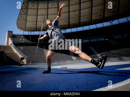 07 May 2018, Germany, Berlin: Javelin throw Olympic champion Thomas Roehler during training in the Olympic stadium. The surface's skid resistance was tested during a test training ahead of the European Championships between 07 and 12 August 2018. Photo: Michael Kappeler/dpa Stock Photo