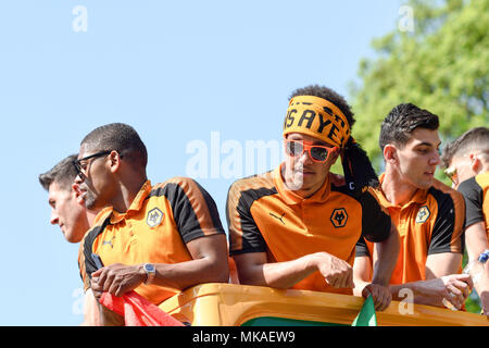 Wolverhampton, UK.07th May 2018: Wolverhampton Wanderers FC victory parade around the city centre ending in West Park. Thousands of fans filled the streets to celebrate their Championship league title and promotion into the premiership next season. Credit: Ian Francis/Alamy Live News Stock Photo